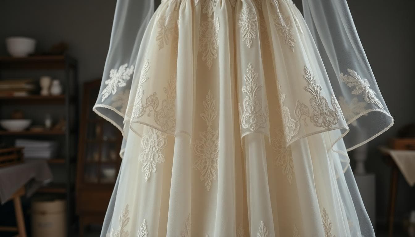 Gros plan d’une robe bohème: tulle superposé, appliqués de dentelle et ourlet en cours de travail à la maison, ambiance atelier cosy