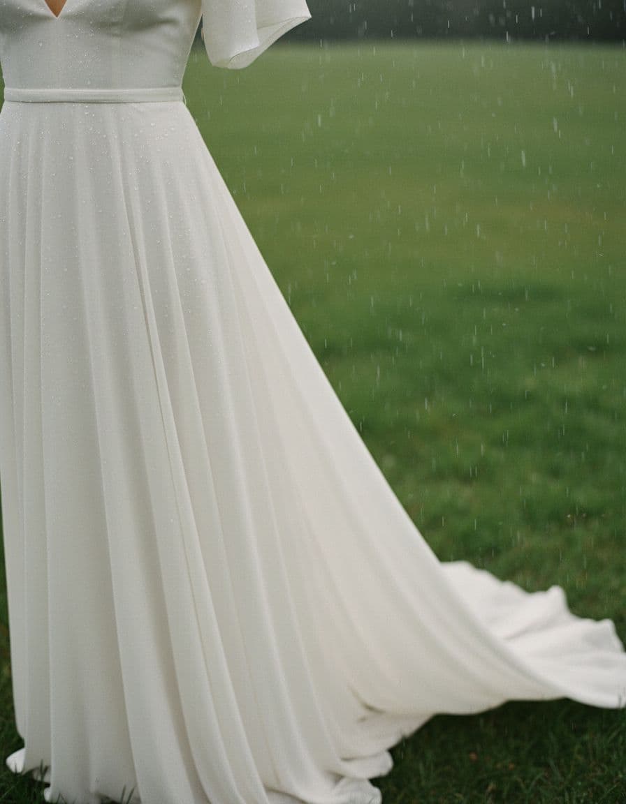 Détail d’une robe bohème fluide en crêpe, traîne amovible, sous une averse légère en prairie