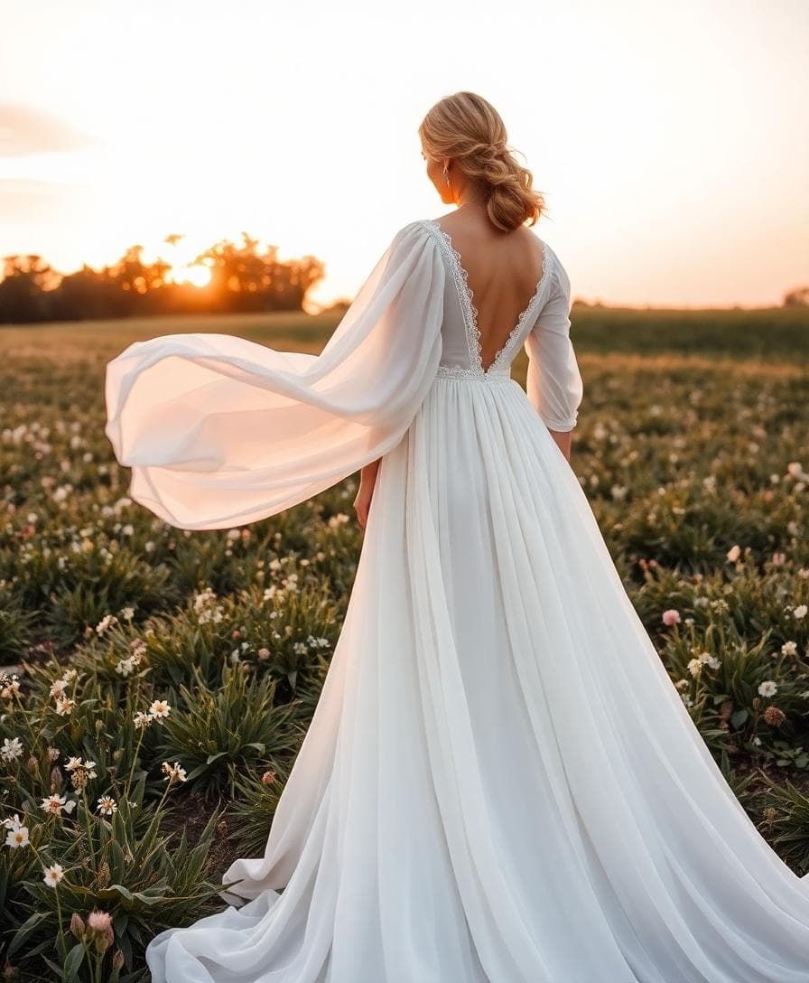 Robe de mariée bohème fluide au coucher du soleil, tombé aérien et mouvement doux du tissu
