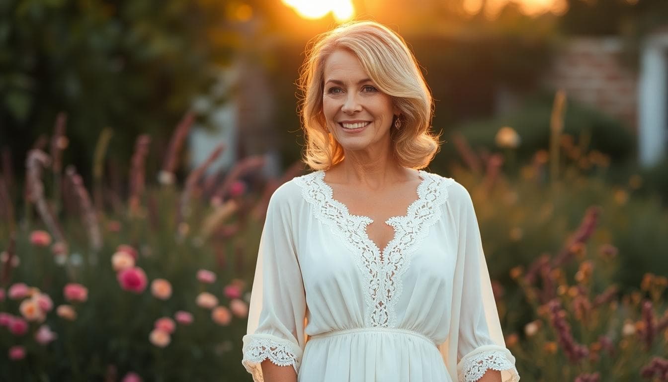 Femme d’environ 45 ans en robe bohème fluide ivoire dans un jardin au coucher du soleil, ambiance intime et romantique