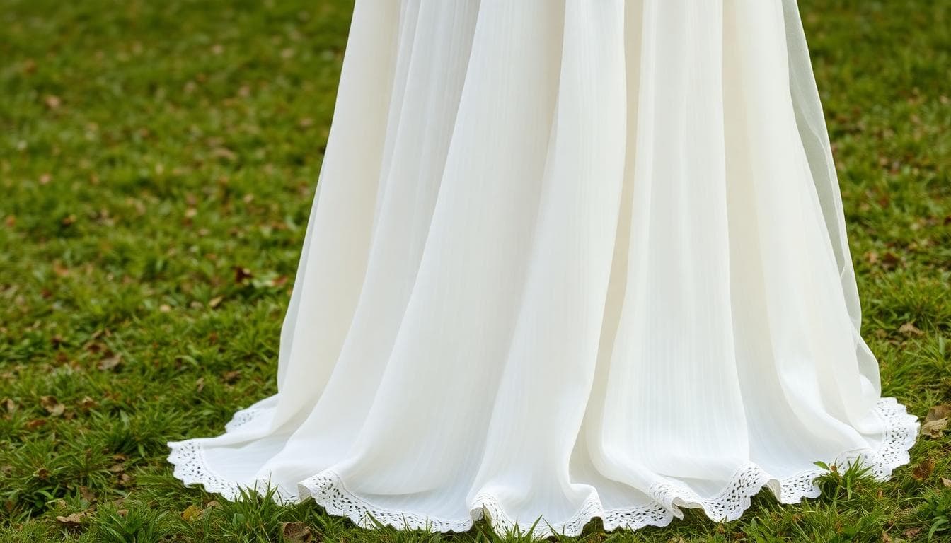Détails d’ourlets sur différents tissus de robe de mariée bohème posés sur de l’herbe, avec roulotté fin, ourlet étroit, festons de dentelle et courbe de traîne visibles