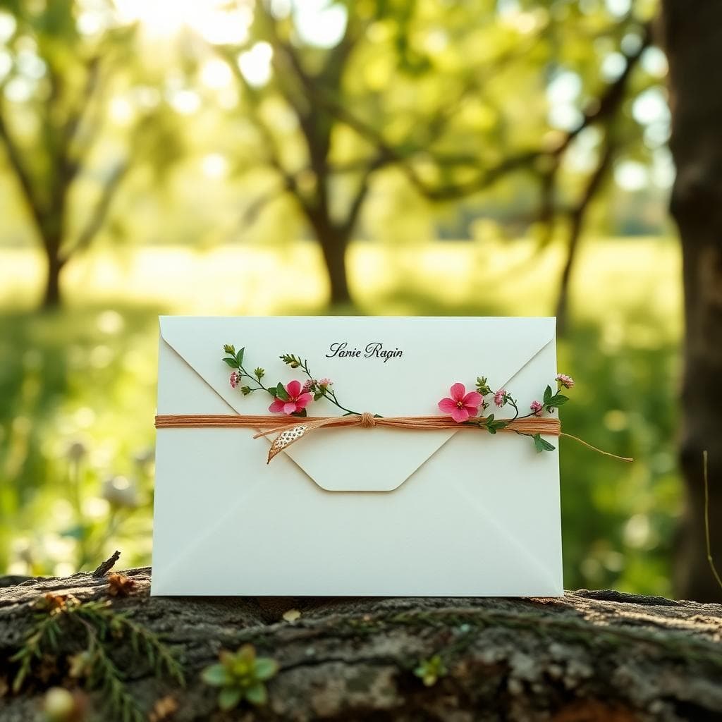 Une invitation RSVP élégante pour un mariage bohème, avec un carton réponse attaché par un ruban floral délicat, motifs de fleurs sauvages et dentelle fine, papier texturé ivoire, ambiance romantique et naturelle, lumière douce filtrant à travers des arbres, style photographique réaliste, détails fins sur l'enveloppe et le sceau en cire, arrière-plan flou de campagne verte, pas de texte visible, composition centrée sur la carte, haute résolution, mood serein et joyeux.