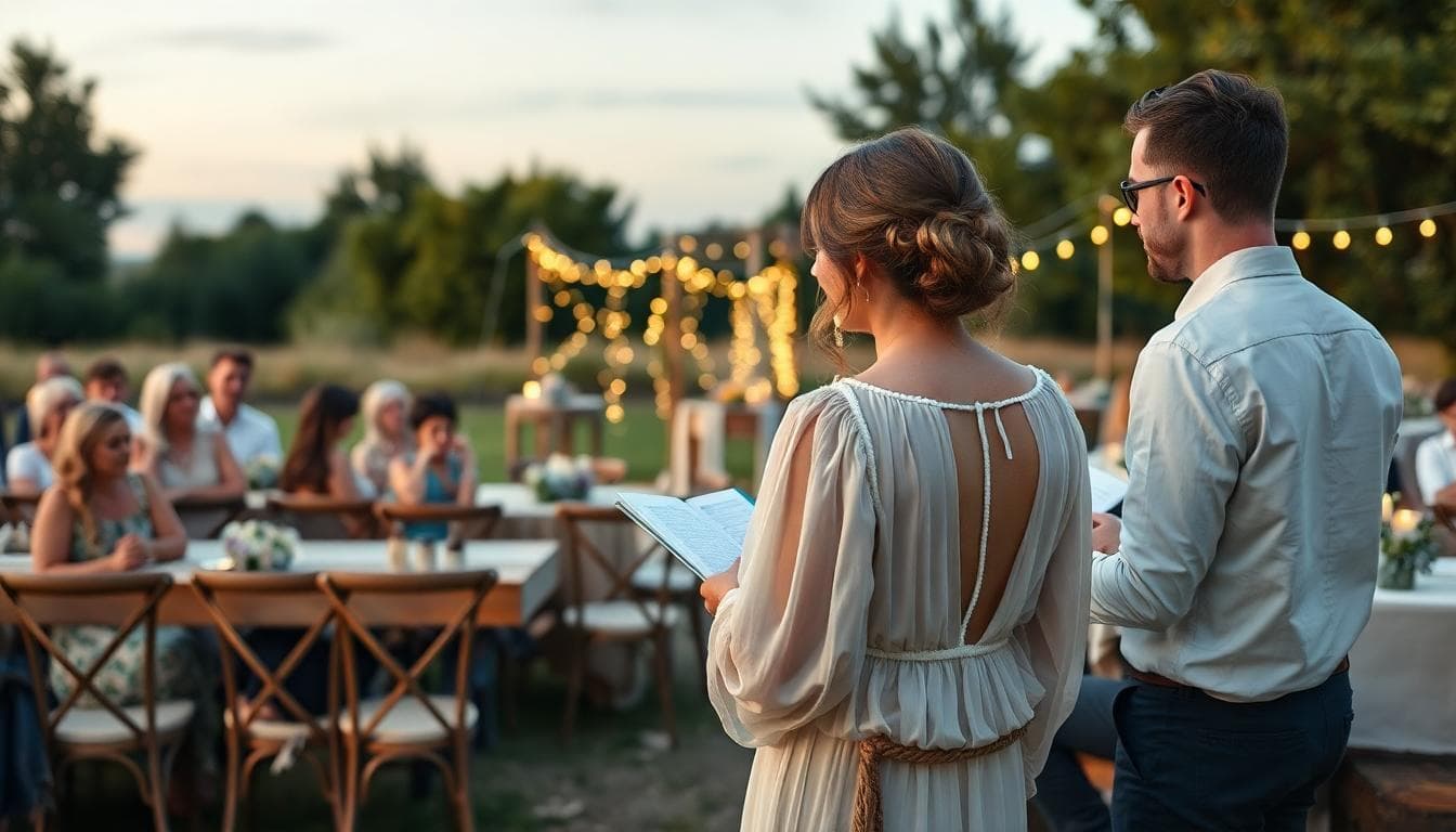 Discours de mariage bohème en extérieur, ambiance chaleureuse et intime, mariée et invités attentifs