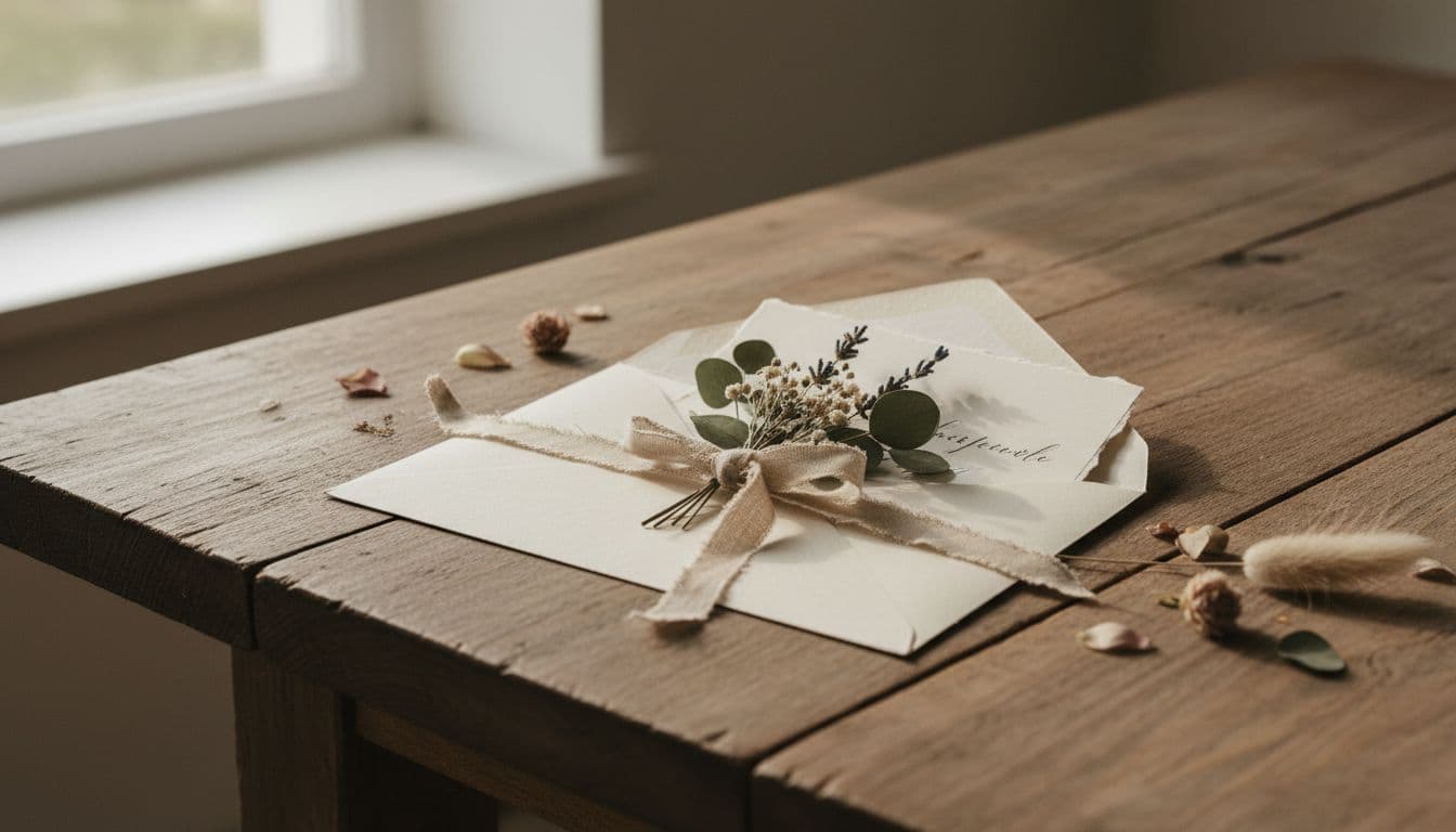 Enveloppe de mariage bohème envoyée par courrier avec carte manuscrite et fleurs séchées sur table en bois, ambiance douce et romantique
