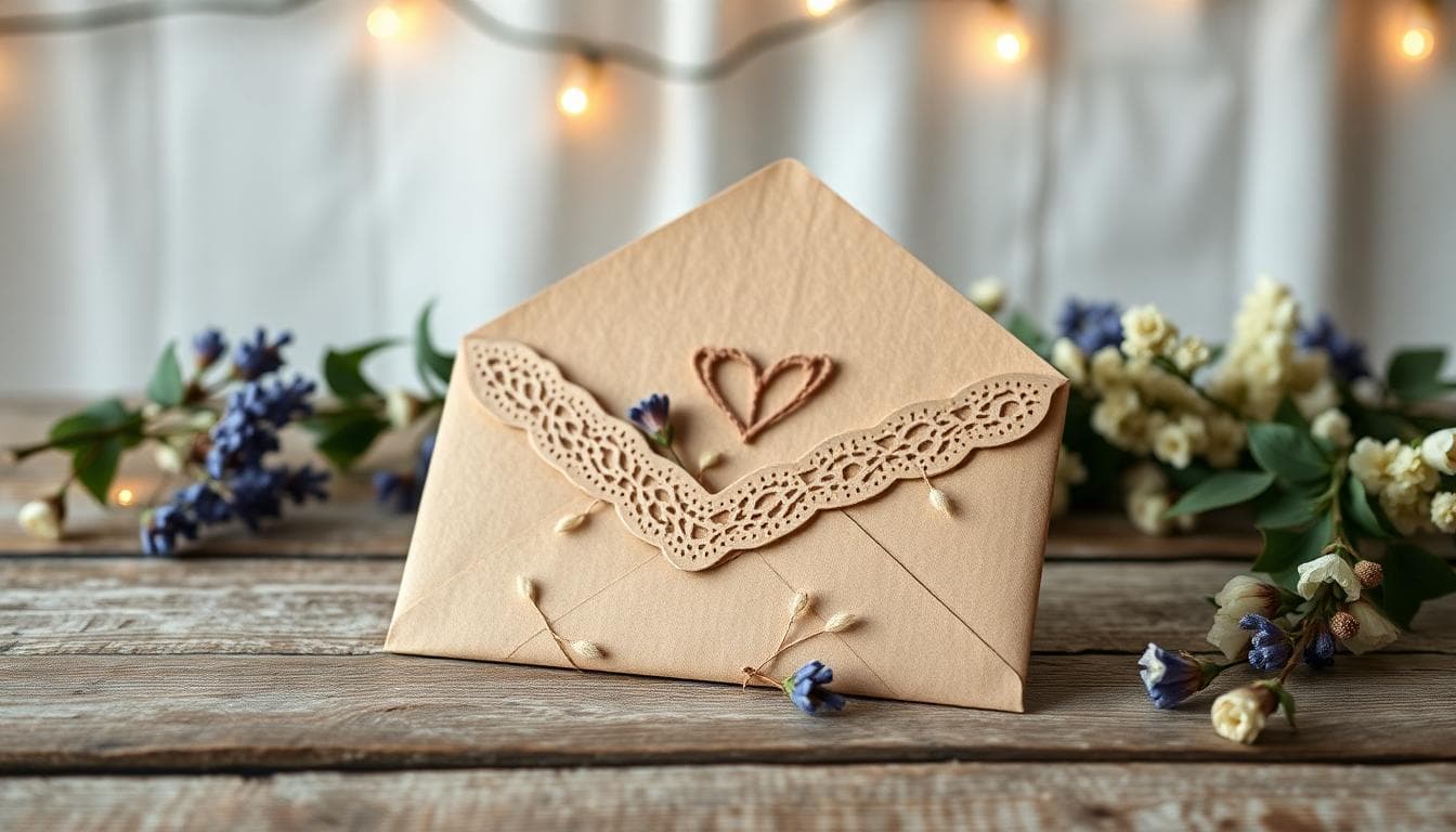 Enveloppe de mariage bohème en kraft avec dentelle et fleurs séchées, ouverte avec chèque visible