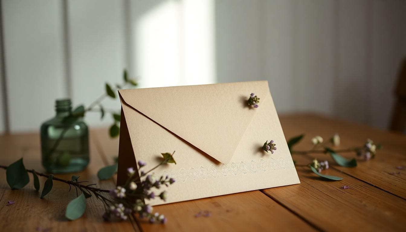 Enveloppe de mariage bohème en kraft avec fleurs séchées et dentelle, posée sur une table en bois