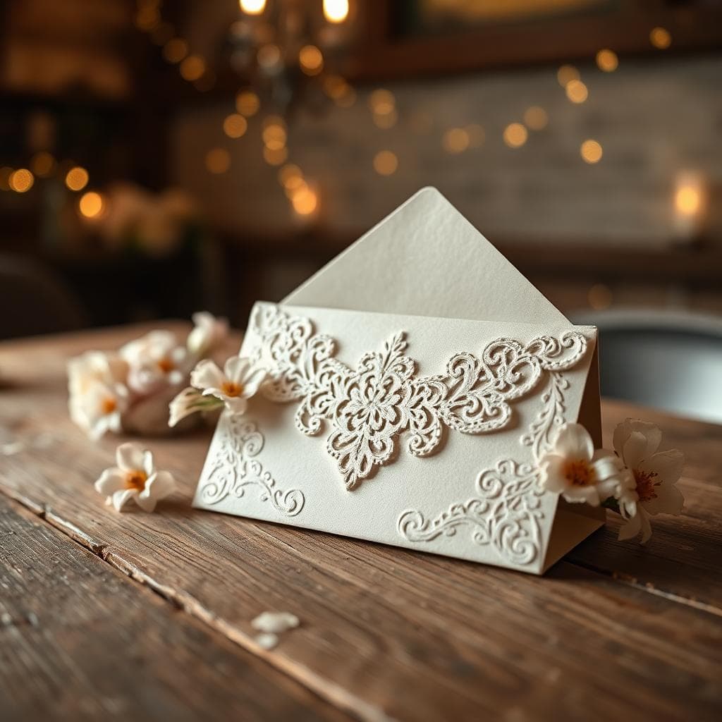 Enveloppe de mariage bohème en dentelle posée sur une table en bois rustique