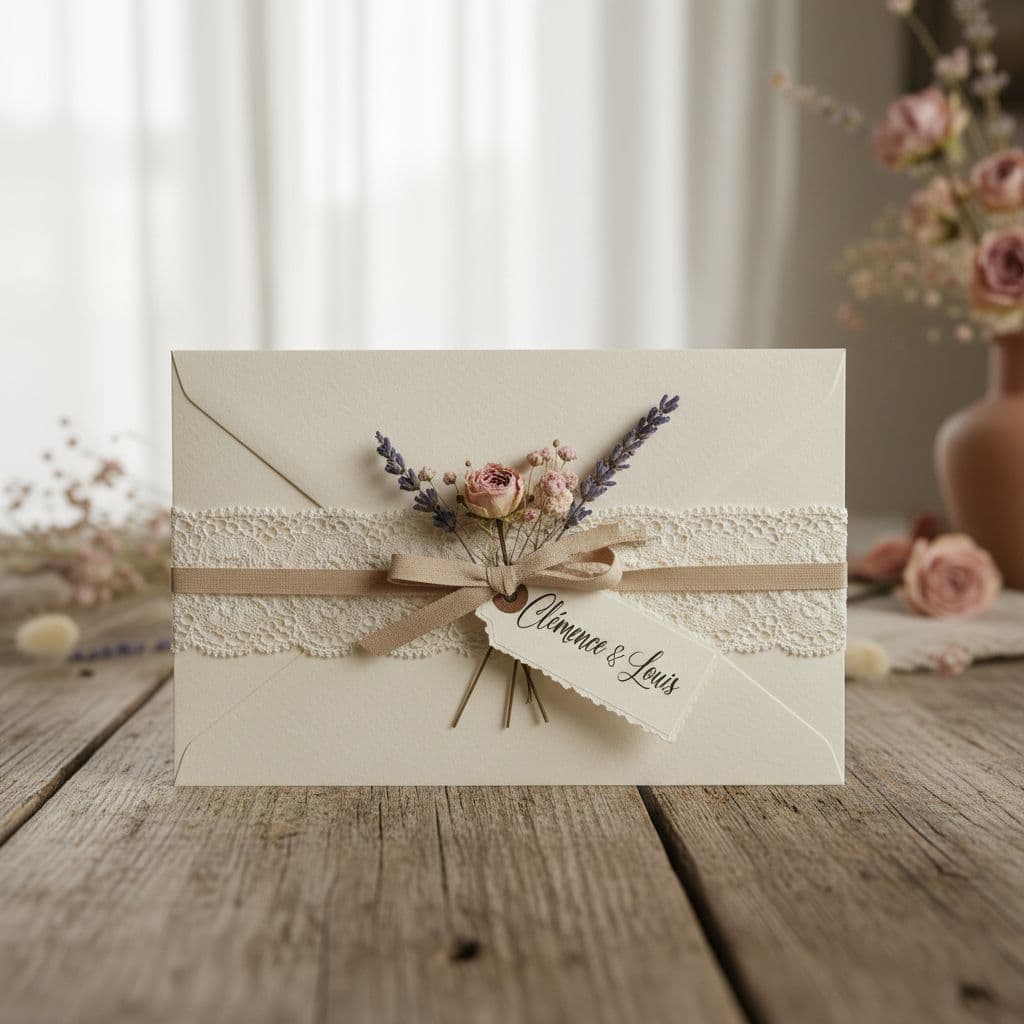 Enveloppe de mariage bohème en dentelle et fleurs séchées sur table en bois, ambiance douce et naturelle