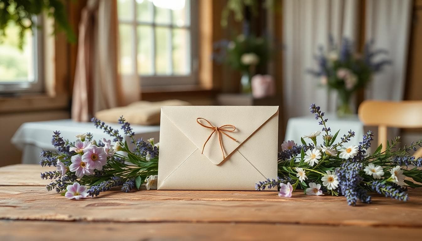Enveloppe de cadeau de mariage posée sur une table en bois avec fleurs bohèmes, ambiance chaleureuse et romantique