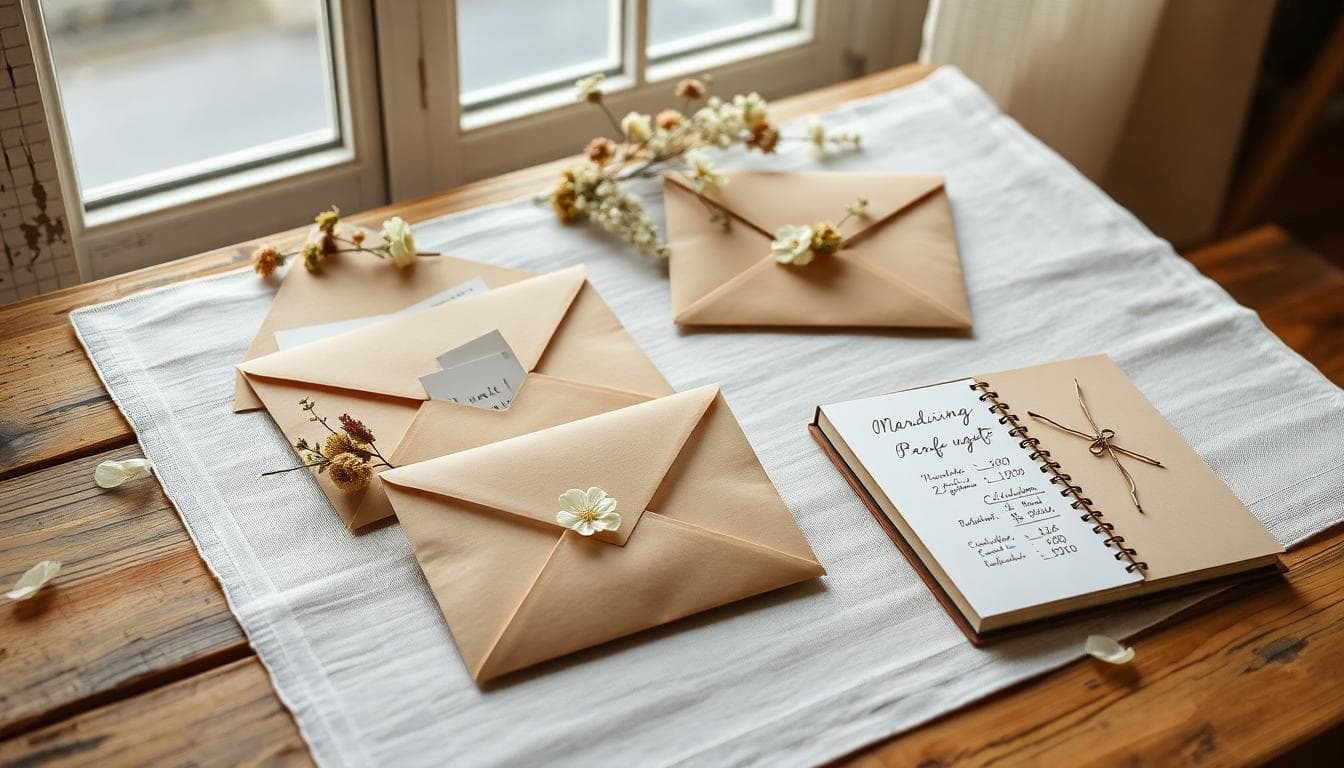 Enveloppes de mariage bohèmes en kraft avec dentelle et fleurs séchées sur une table en bois, avec un carnet de budget à côté