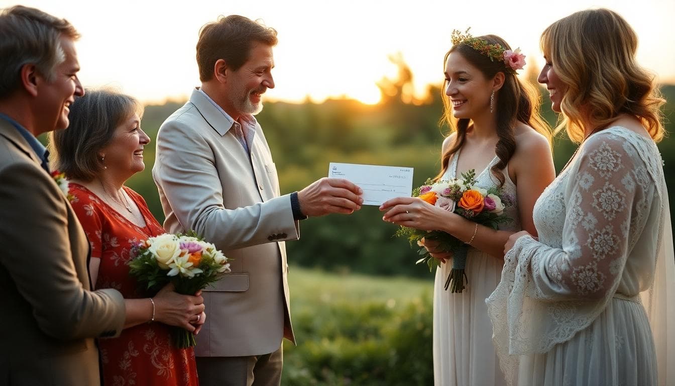 Scène familiale chaleureuse lors d’un mariage bohème, des parents offrent un cadeau au couple au coucher du soleil