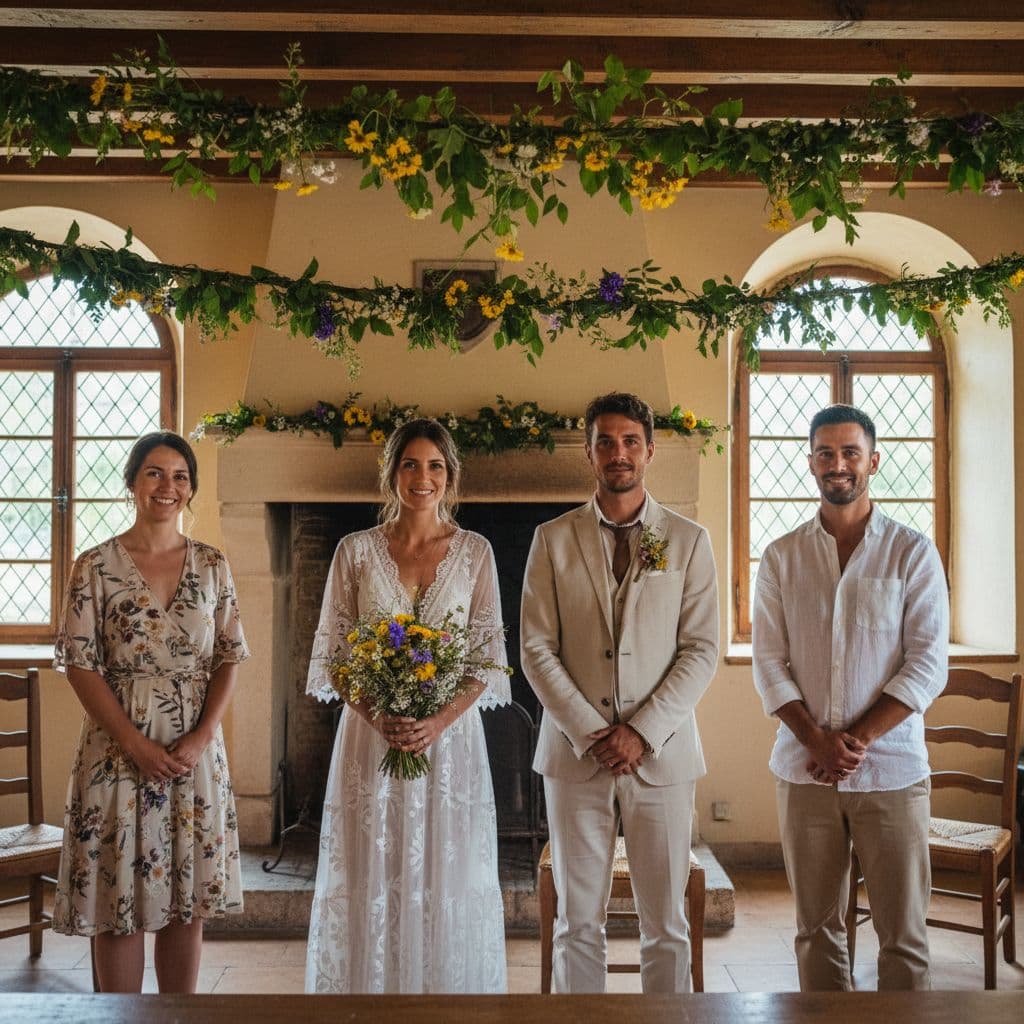 Cérémonie bohème à la mairie avec deux témoins signant aux côtés des mariés