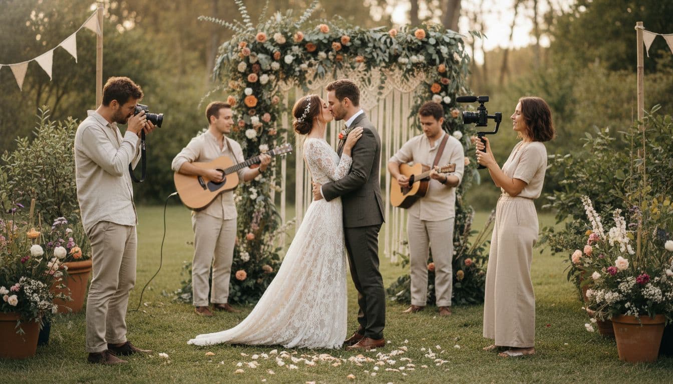 Photographe et vidéaste capturant un moment tendre sous une arche florale, musiciens acoustiques en fond, lumière naturelle douce