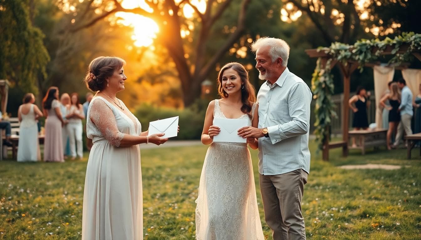 Parents offrant une enveloppe au couple dans un jardin bohème au coucher du soleil
