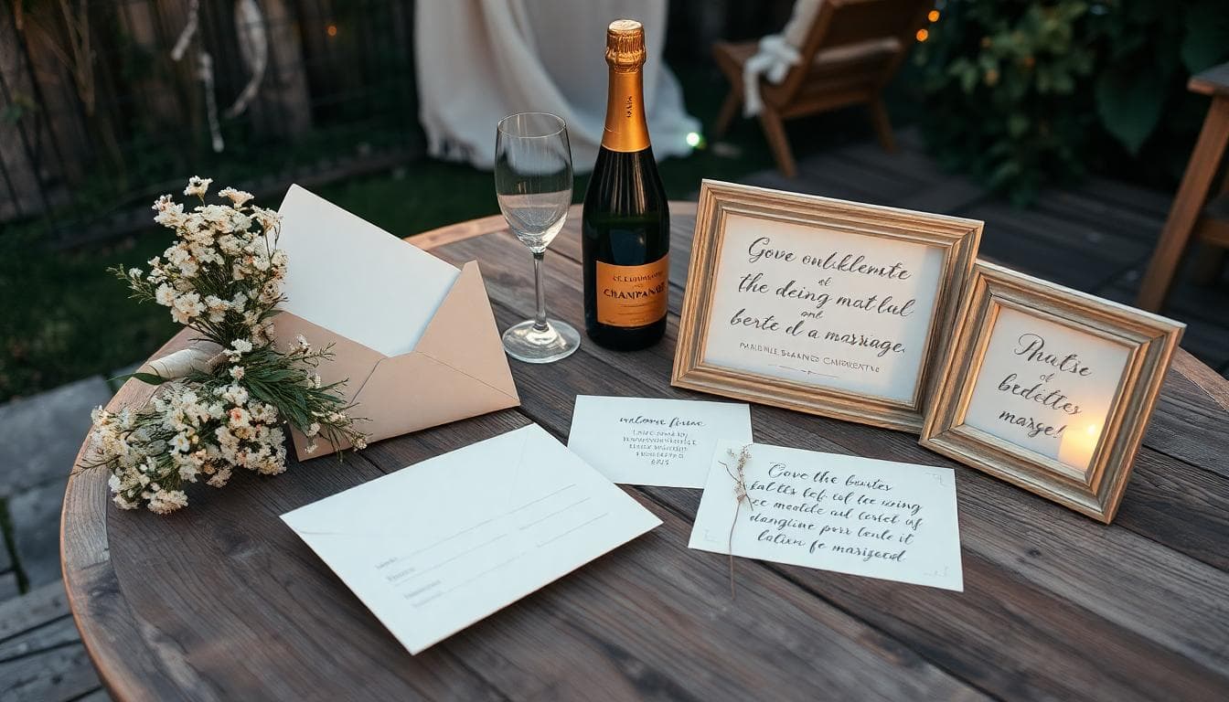 Table de cadeaux au vin d'honneur, enveloppes élégantes, bouquet de fleurs sauvages et carte manuscrite, ambiance bohème au coucher du soleil