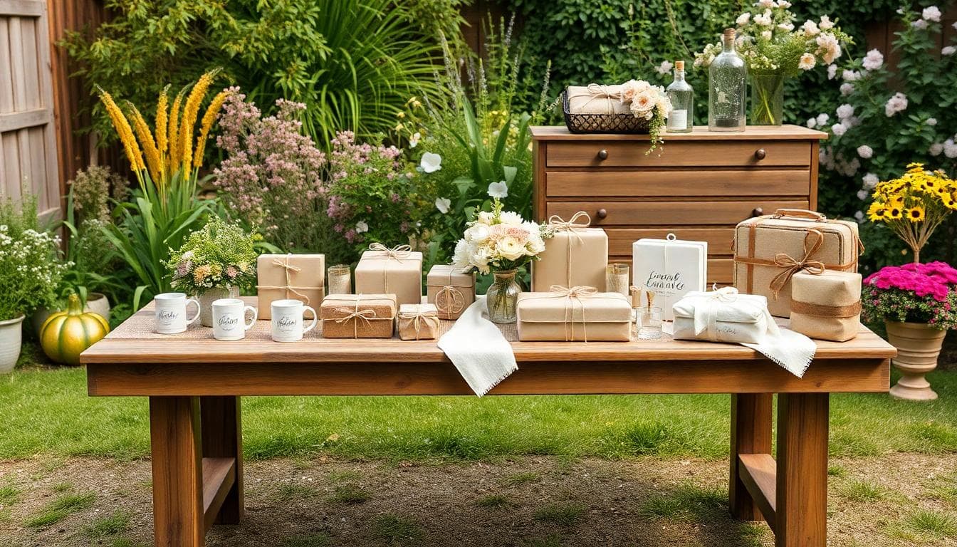 Cadeaux de mariage bohèmes rangés par budget sur une table en bois dans un jardin fleuri