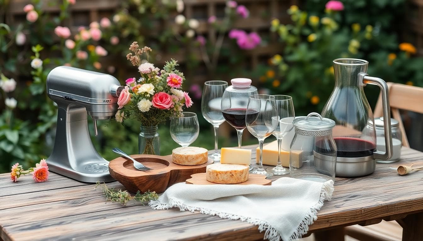 Cadeaux utiles cuisine dans une ambiance bohème: verres à vin, ménagère, planche à fromage, cocotte, robot pâtissier, carafe design