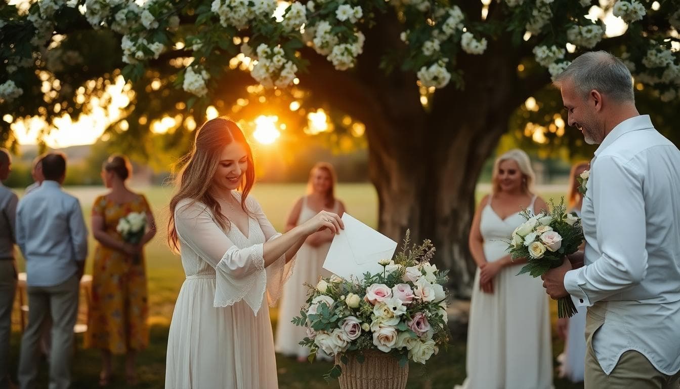 Invitée glissant une enveloppe dans une urne fleurie lors d’un mariage bohème en extérieur, lumière douce de fin de journée, ambiance familiale