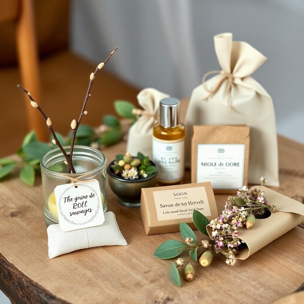 Cadeaux d'invités bohèmes, bougie, graines, miel, thé, savon et fleurs séchées