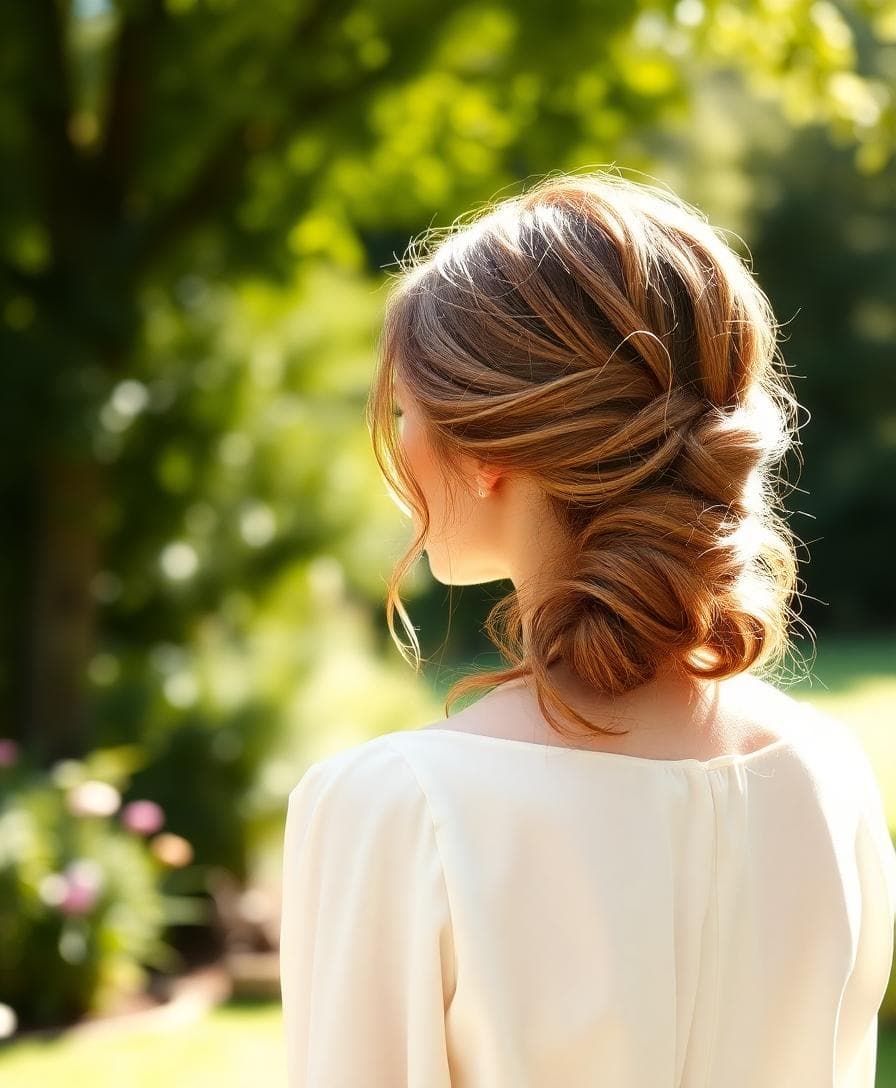 Invitée de mariage au chignon bas flou, style bohème chic, dans un jardin ensoleillé