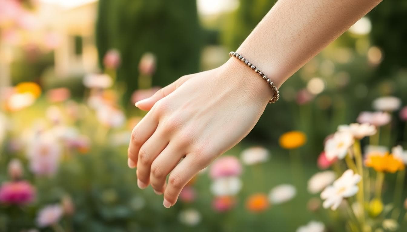 Alliance fine portée à l’annulaire droit, style bohème, jardin fleuri en arrière-plan