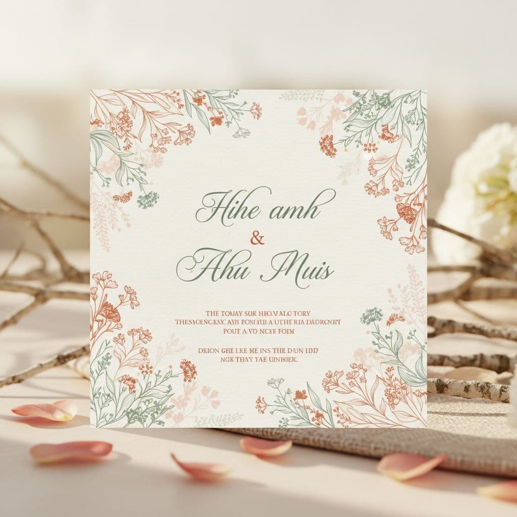 Faire-part bohème avec palette sauge, terracotta et ivoire, motifs floraux fins et typographie élégante sur papier texturé