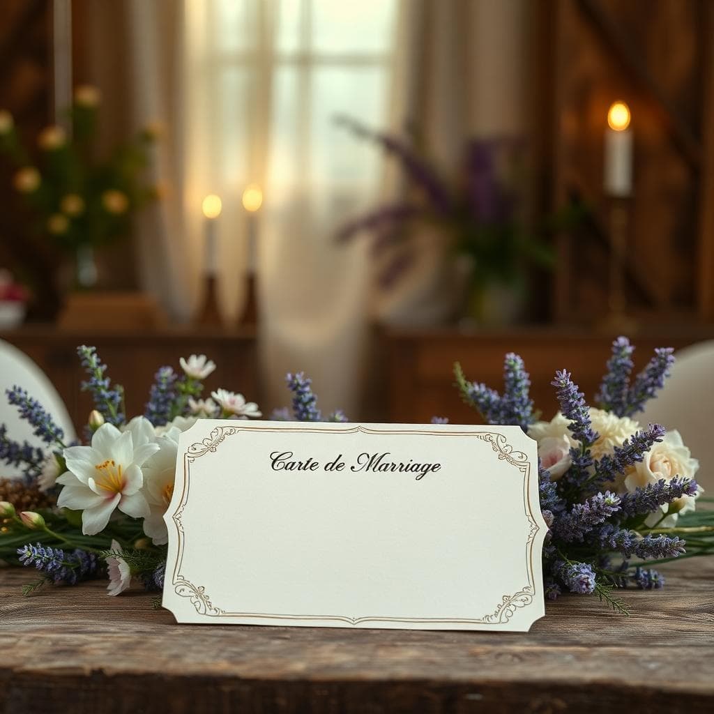 Carte de mariage bohème sur table en bois avec fleurs sauvages et lumière douce