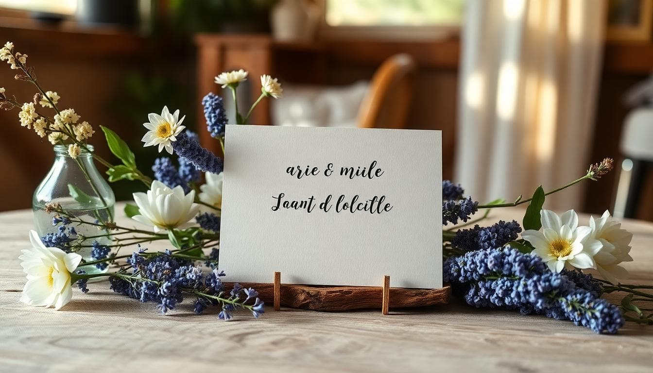 Carte de mariage bohème posée sur une table en bois avec fleurs sauvages, lumière douce, style naturel et romantique