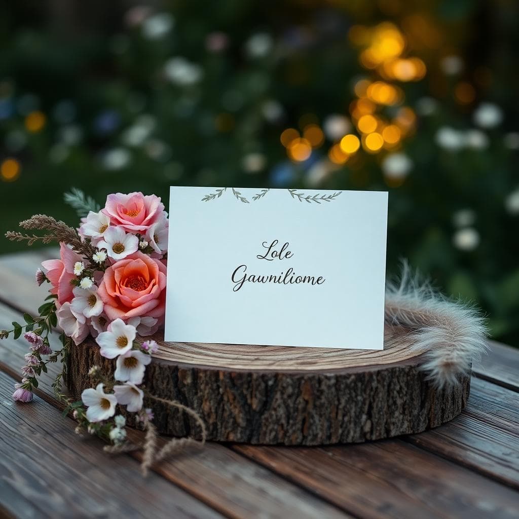 Carte de mariage bohème posée sur une table en bois, entourée de fleurs sauvages. Image created with AI