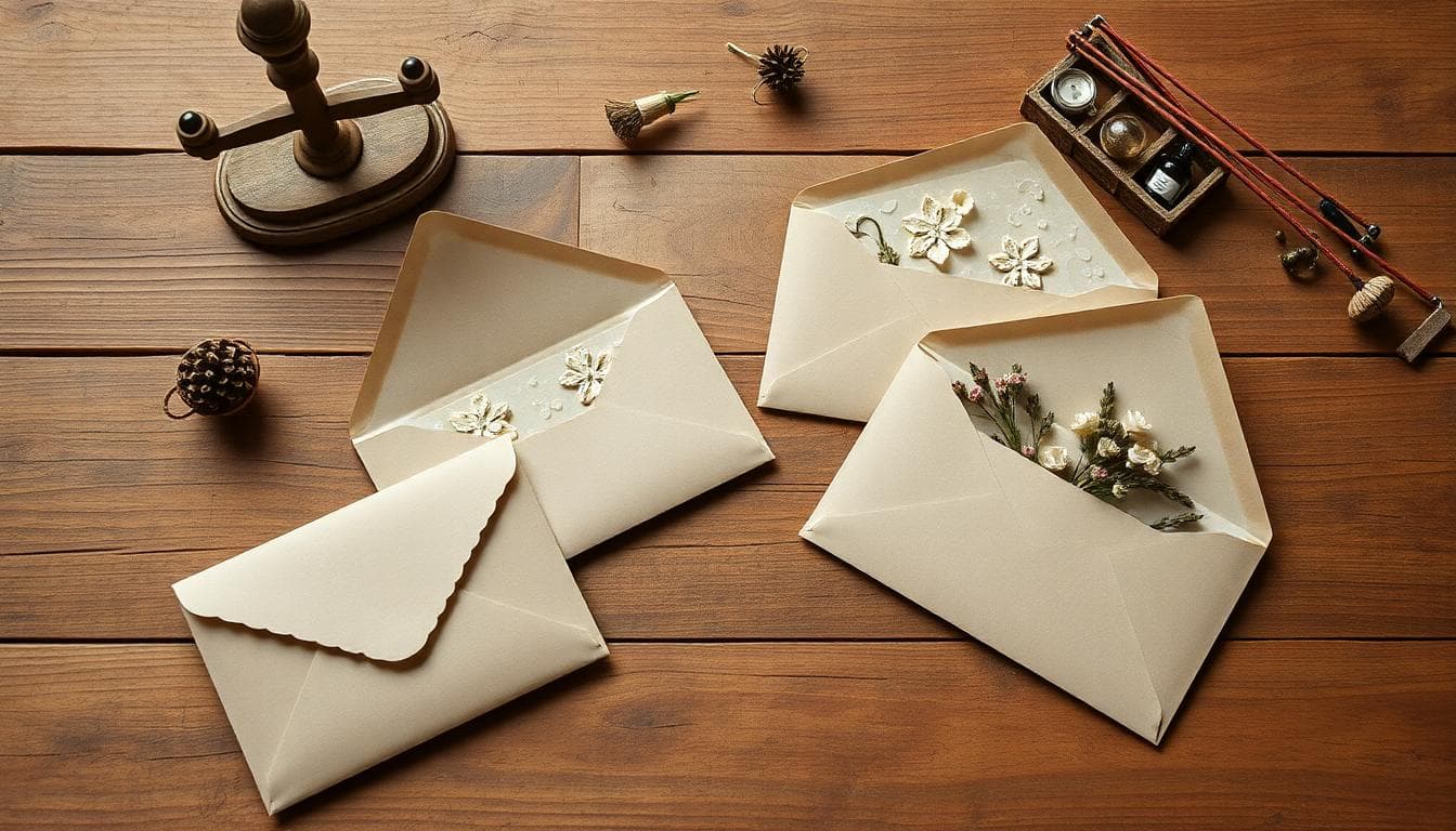 Flat lay bohème avec enveloppes kraft, faire-part, fleurs séchées, timbre et petite balance pour peser