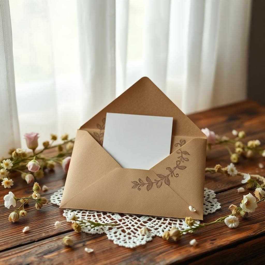 Enveloppe de mariage bohème en papier kraft avec dentelle et fleurs sur table en bois