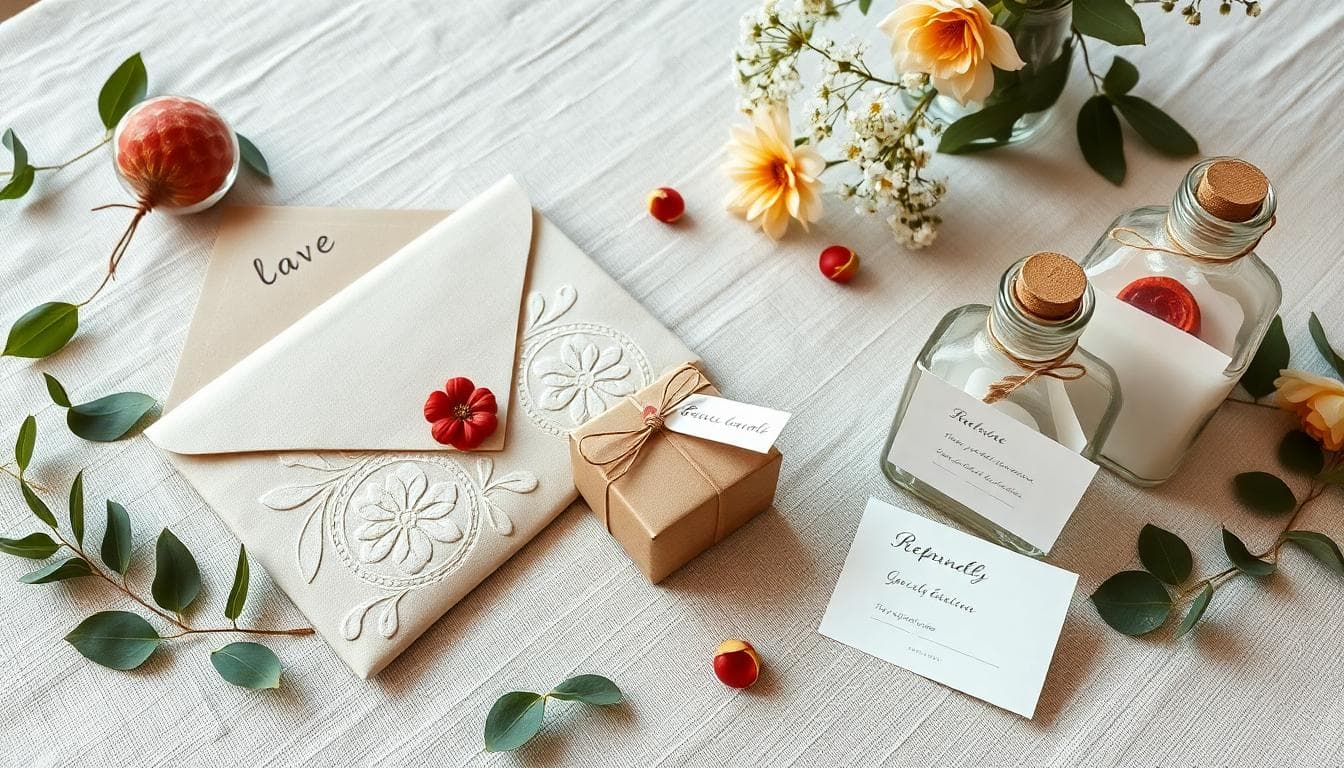 Sélection d’idées bohèmes: enveloppe en tissu brodée, coffret kraft, bouteille à message et carte artisanale sur nappe en lin