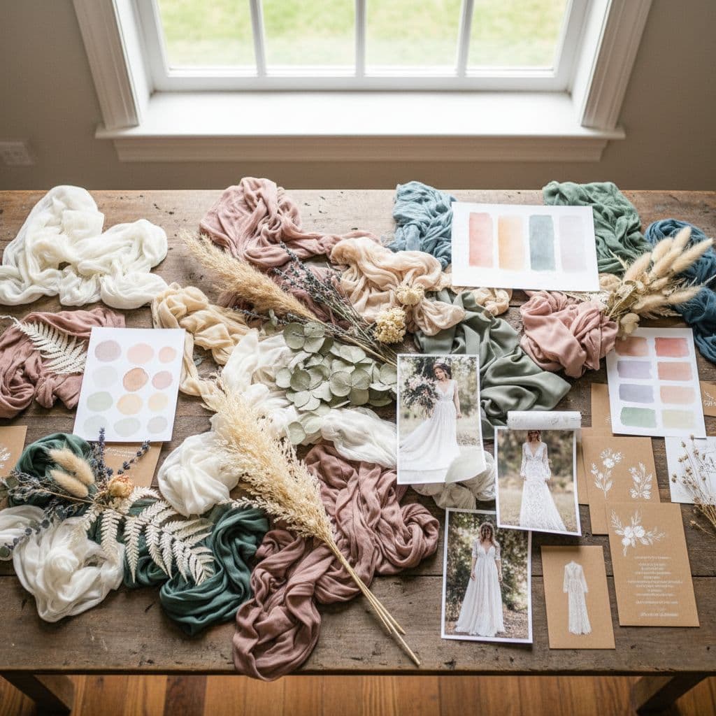 Moodboard de mariage bohème avec échantillons de tissus, fleurs séchées et palette de couleurs pastel sur une table en bois