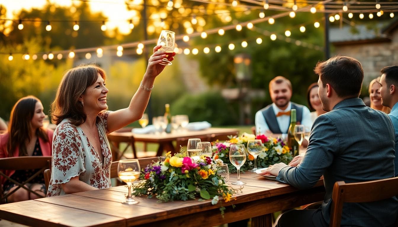 Maman levant son verre lors du cocktail, rires et lumière dorée, réception bohème en extérieur