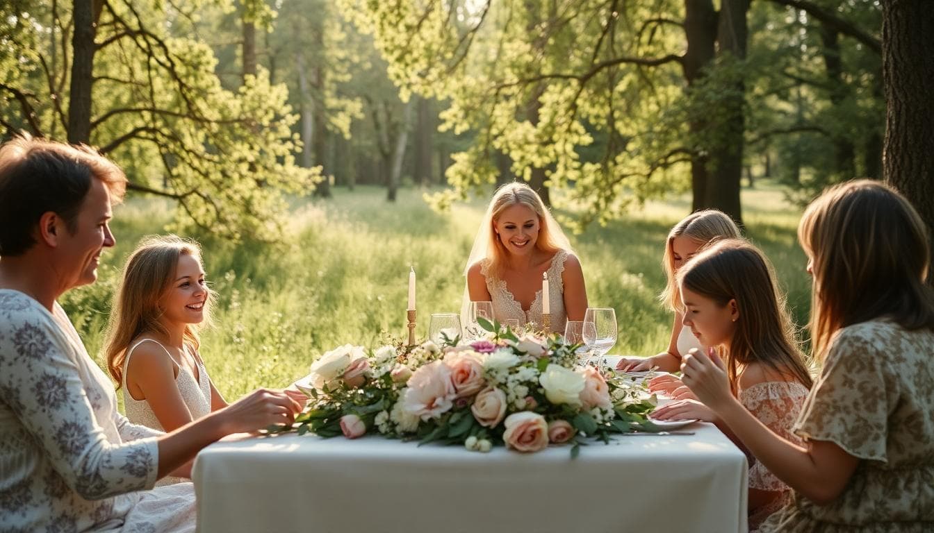 Scène familiale lors d’un mariage bohème en extérieur, ambiance chaleureuse et naturelle, table fleurie, mariée en robe fluide