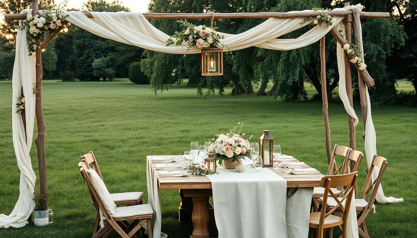 Décoration bohème en extérieur avec arche fleurie et grande table en lin