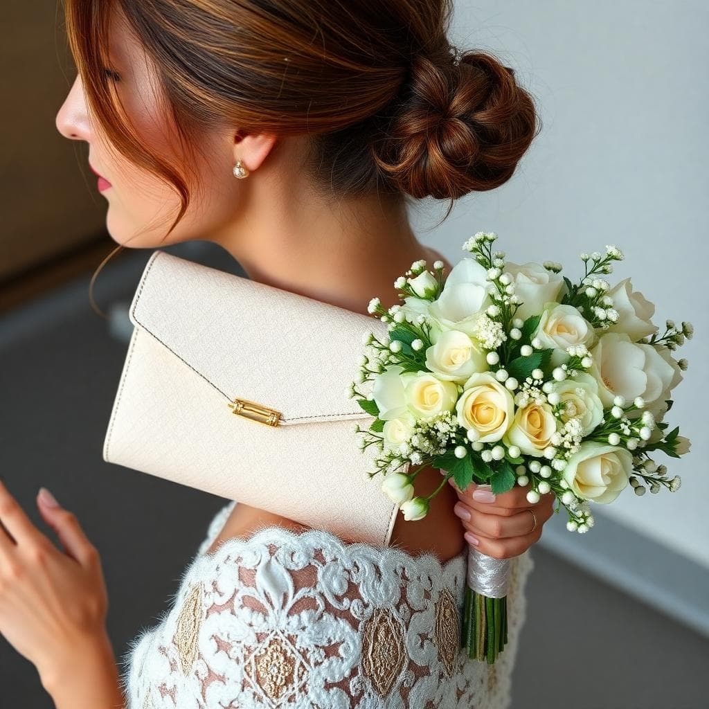 Accessoires nacrés pour un look bohème: peignes de perles, pochette en nacre, sandales fines, bouquet blanc et vert, chignon flou