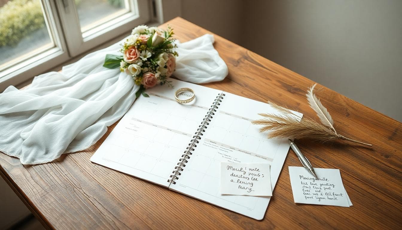 Calendrier bohème et accessoires de mariage sur une table en bois, mise au point sur la planification du dépôt de dossier