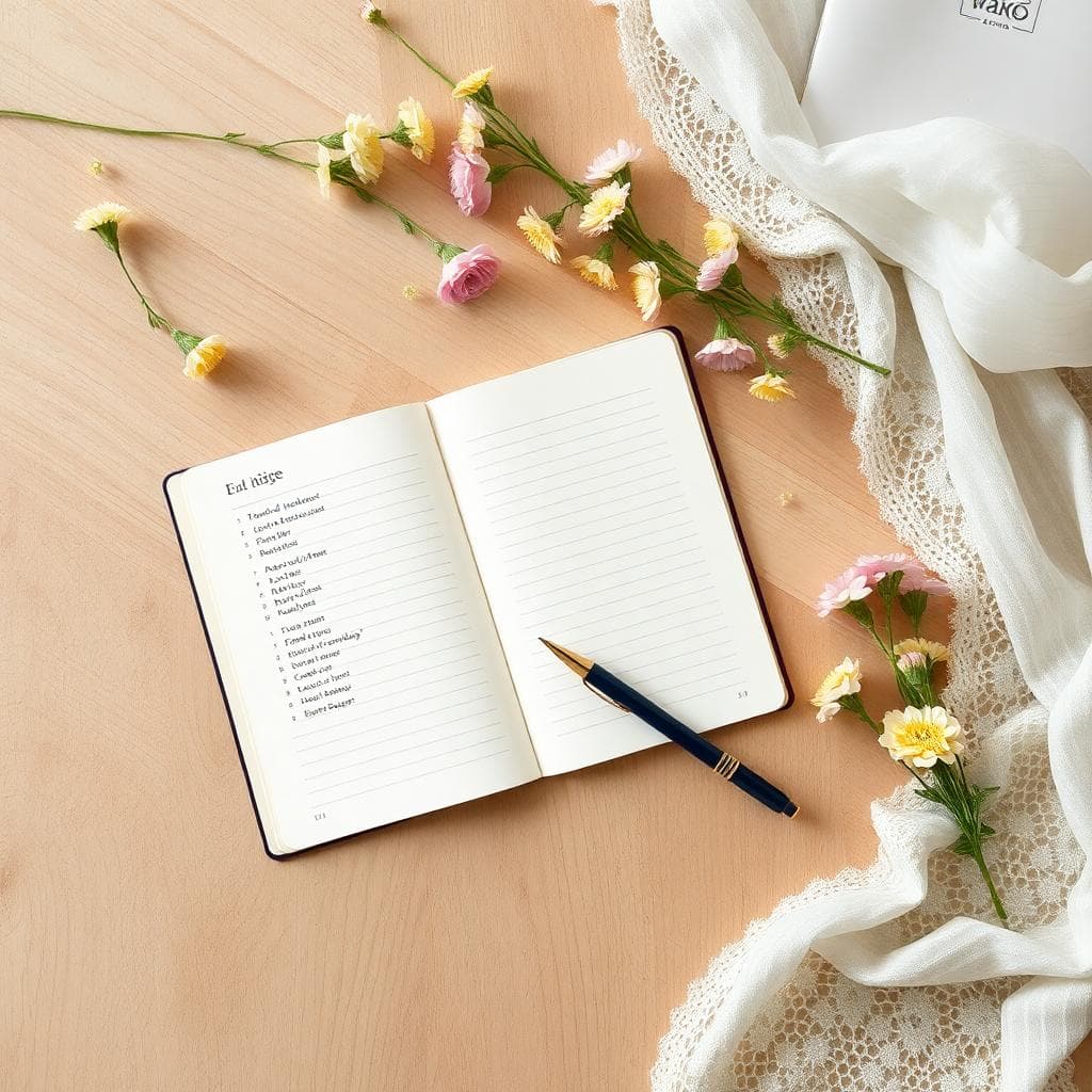 Flat lay bohème de planification avec carnet, fleurs séchées et dentelle
