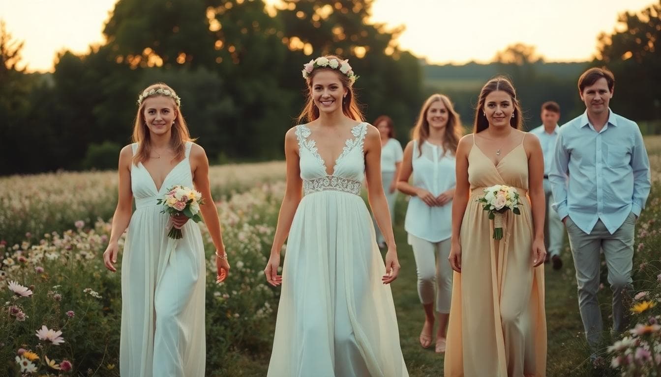 Cortège bohème au coucher du soleil, mariée en robe fluide, demoiselles en tons sauge et ivoire, garçons d'honneur en lin, harmonie naturelle