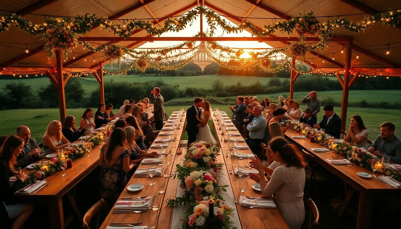 Grande réception bohème au coucher du soleil, longues tables en bois, fleurs sauvages et guirlandes lumineuses, ambiance festive et naturelle