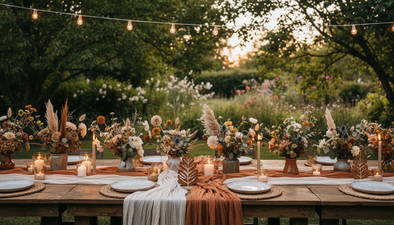 Table de réception bohème avec gaze de coton, fleurs fraîches et séchées, bougies, numéros de table réutilisables. Image created with AI