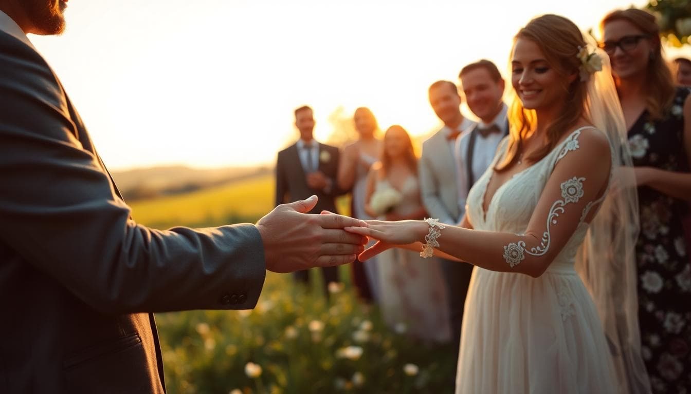 Échange d’alliances au coucher du soleil, témoin tendant la boîte à bagues, ambiance bohème
