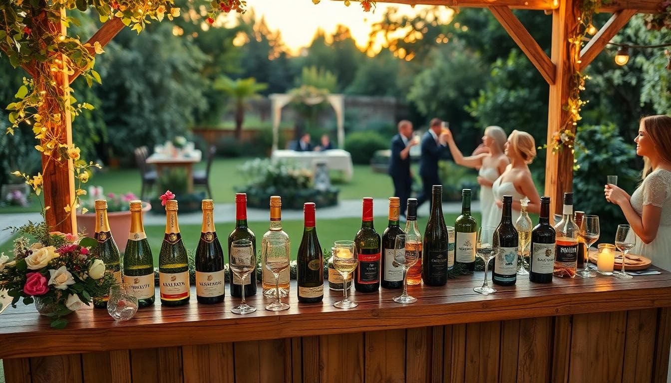 Bar de mariage bohème au coucher du soleil avec champagne, vins, bières et spiritueux. Image créée avec l’IA