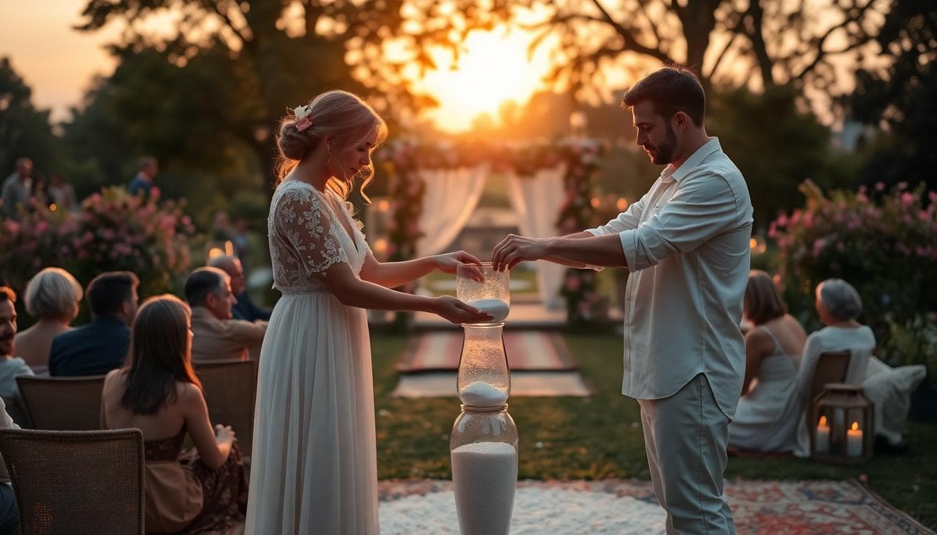 Une scène émouvante d'un rituel symbolique lors d'un mariage laïque bohème en extérieur dans un jardin fleuri au coucher du soleil. Le couple, avec la mariée en robe fluide bohème légère avec des détails en dentelle et fleurs, et le marié en chemise décontractée, verse ensemble du sable coloré dans un vase en verre pour symboliser leur union. Autour d'eux, un petit groupe de proches observe avec émotion, assis sur des coussins, avec des guirlandes de fleurs et lanternes en arrière-plan. Ambiance romantique et intime, lumière dorée douce filtrant à travers les arbres, style réaliste avec couleurs chaudes et tons pastels, haut niveau de détail, sans texte, ratio d'aspect paysage.