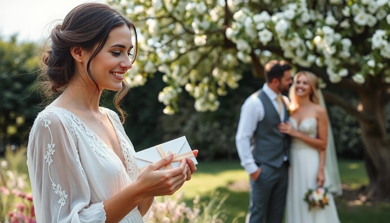 Une scène élégante d'une sœur offrant un cadeau à son frère lors d'un mariage bohème en extérieur, avec une enveloppe dans la main, entourée de fleurs sauvages et d'une ambiance romantique et familiale. Au premier plan, la sœur sourit tendrement, l'enveloppe ornée d'un ruban délicat ; en arrière-plan, le couple de mariés rit joyeusement sous un arbre fleuri