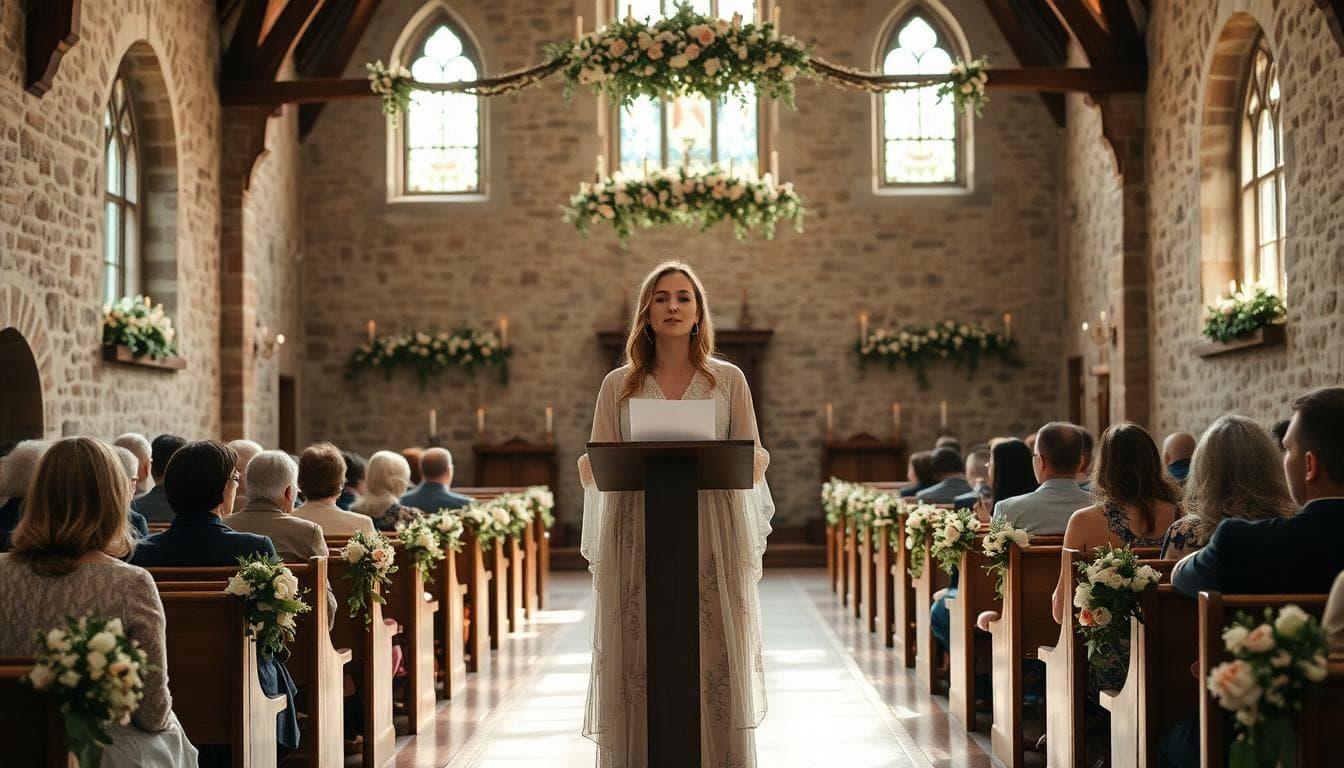 Témoin prononçant un discours dans une église au style bohème, lumière douce et ambiance intime