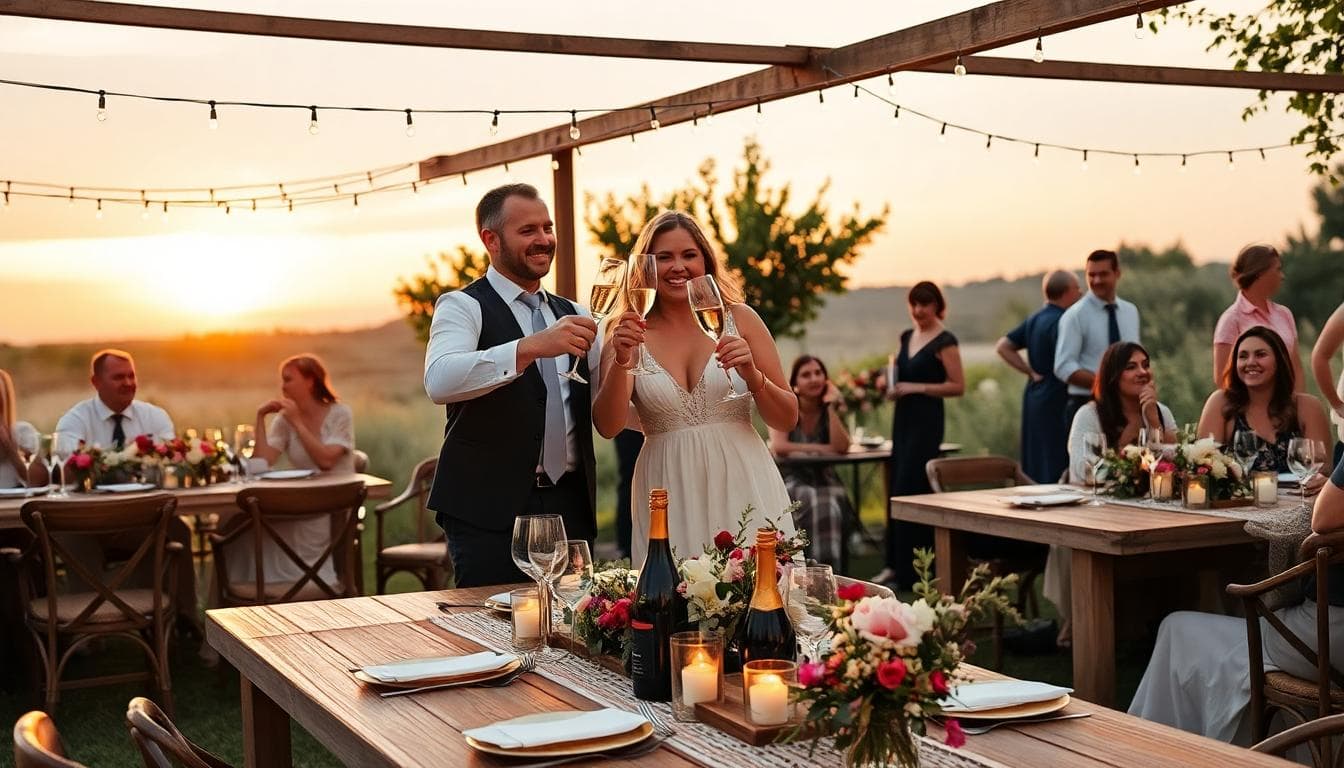 Vin d'honneur bohème au coucher du soleil, invités élégants qui trinquent au champagne, tables rustiques avec fleurs sauvages et bougies, ambiance chaleureuse et romantique