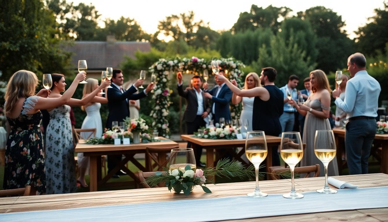 Toast de mariage bohème au coucher du soleil, verres de champagne qui scintillent, tables en bois et fleurs sauvages. Image created with AI