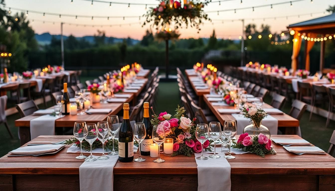 Table de mariage bohème au crépuscule avec bouteilles alignées, verres prêts et fleurs sauvages, ambiance naturelle et chaleureuse. Image created with AI